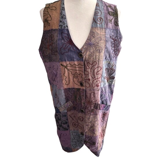 Vtg Patchwork Embroidered Whimsigoth Long Vest Or Jumper Dress Phoebe Pockets M - Picture 1 of 12